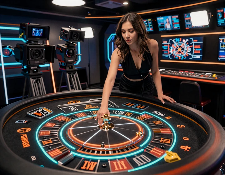 Live Casino Studio mit Croupier am Roulette-Tisch im Neon-Ambiente