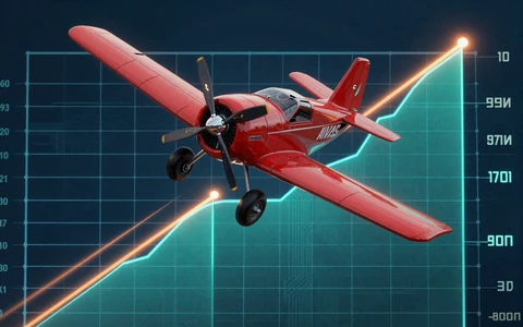 Aviator Crash Game mit rotem Flieger und steigender Multiplikator-Kurve