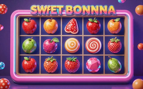 Sweet Bonanza Slot Cover mit S&uuml;&szlig;igkeiten und Cluster-Win-Symbolen