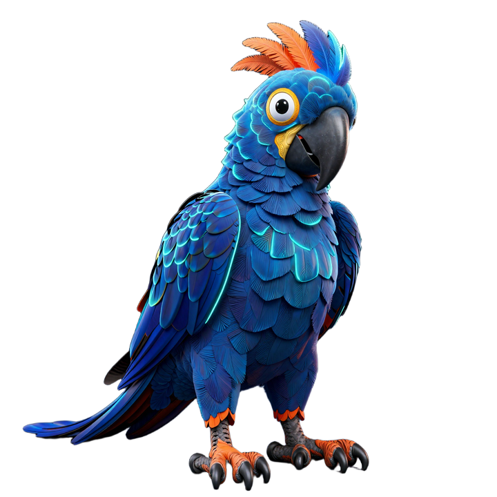 Martin der blaue Ara - Maskottchen von Martin Casino im Neon-Glow